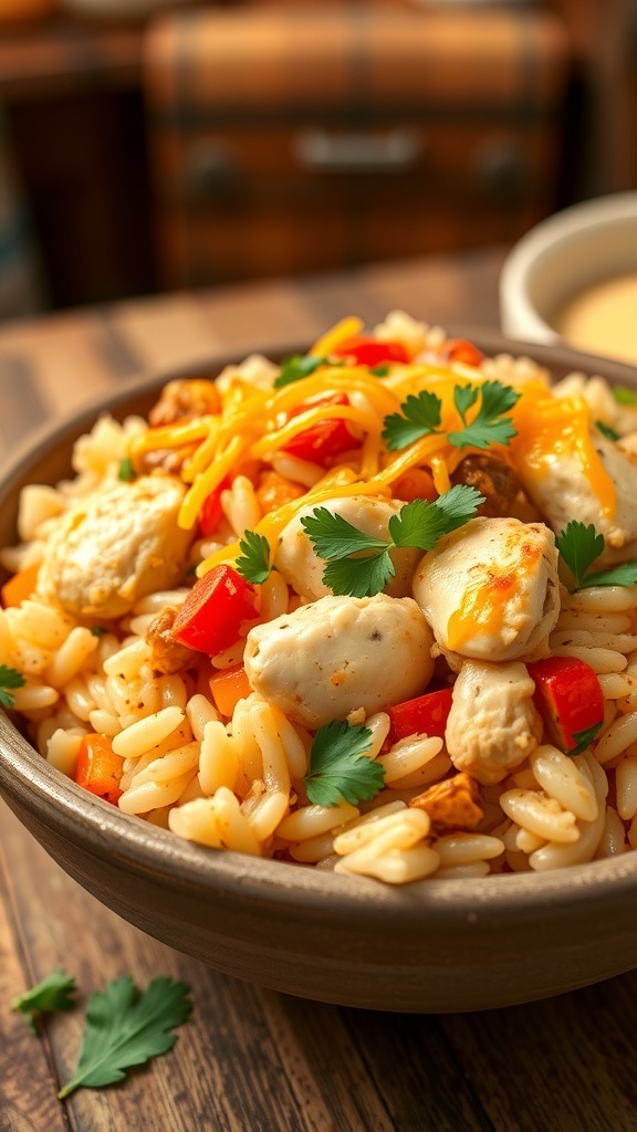 A hearty chicken and rice casserole with vegetables and cheese, garnished with parsley, in a rustic bowl on a wooden table.